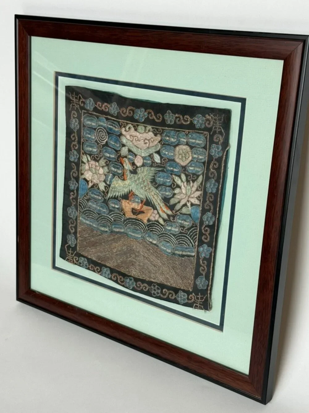 Chinese Embroidered Silk Rank Badge Buzi Framed Antique Vintage Wall Art Square